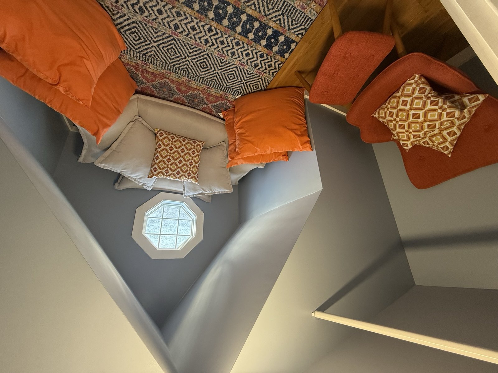Cozy loft nook beneath the octagon window